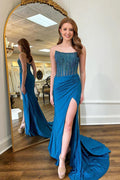 Charming Round Neck Mermaid Blue Prom Dress with Beading