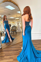 Charming Round Neck Mermaid Blue Prom Dress with Beading