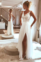Charming Spaghetti straps Appliques Lace Split Beach Wedding Dress