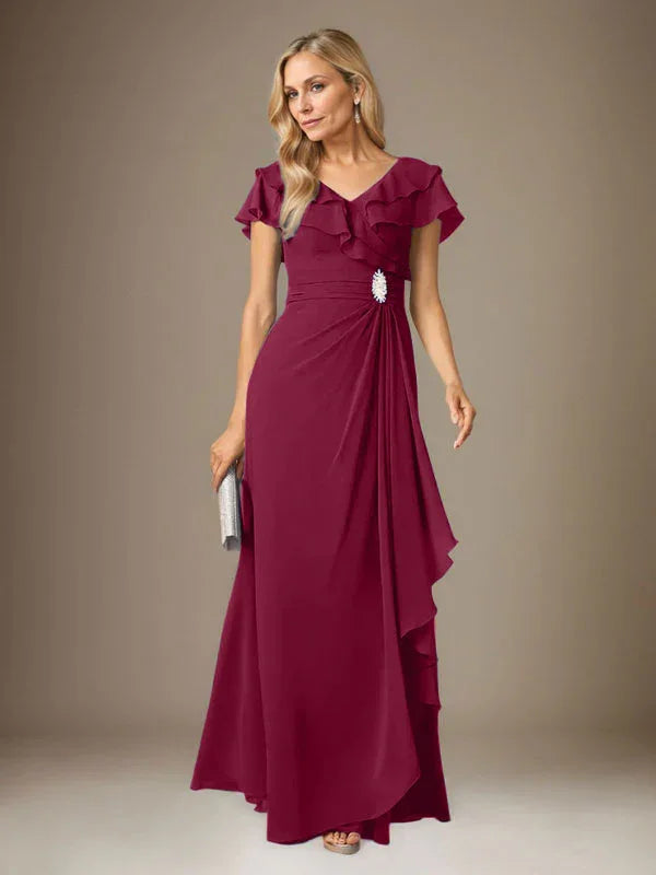 Vestido tormentoso de gasa con escote en V y fruncido en línea A