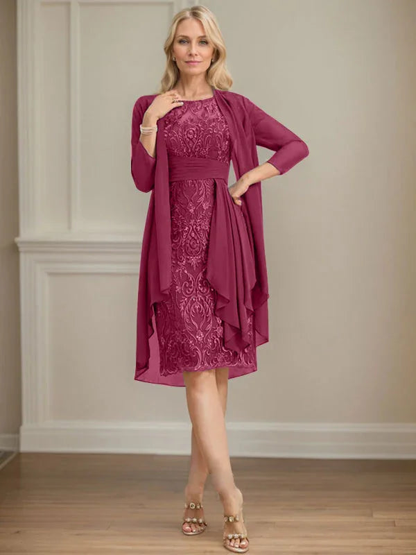 Etui/Säulenförmiges Kleid mit Illusion, knielang, aus Spitze und Chiffon, Brautmutterkleid mit herabfließenden Rüschen und Pailletten