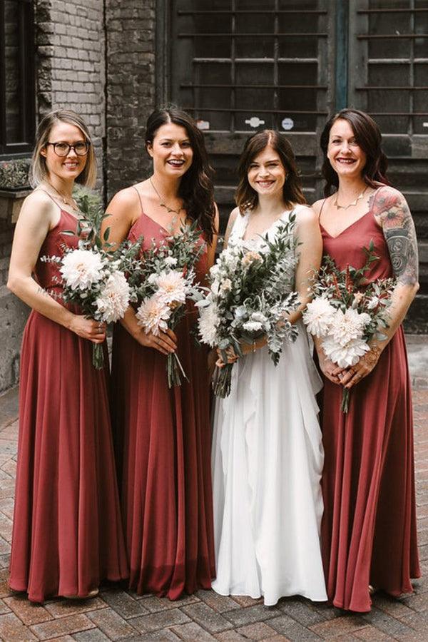 Chiffon Long Bridesmaid Dresses A-line Spaghetti Straps Gowns BD092