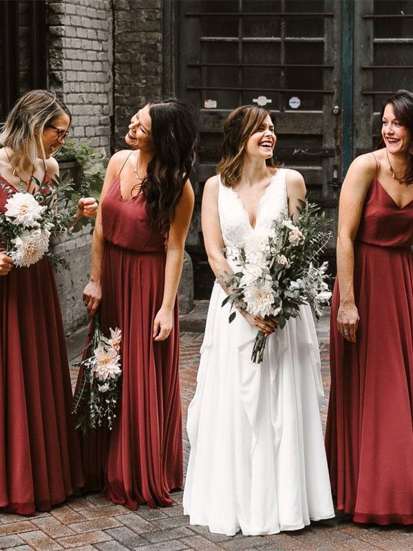 Chiffon Long Bridesmaid Dresses A-line Spaghetti Straps Gowns BD092