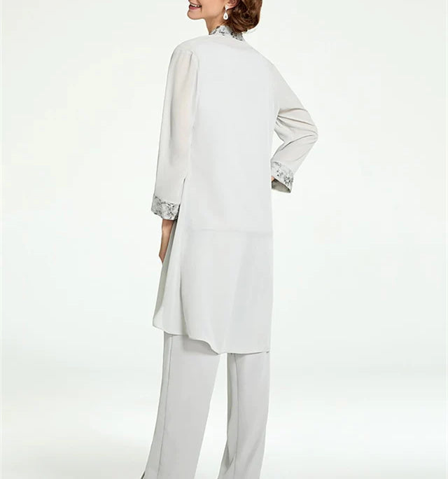 Floor Length Round Neck Chiffon Pantsuits With Jacket For Mother Of The Bride
