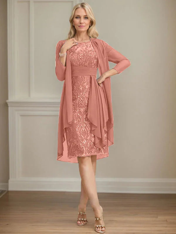 Etui/Säulenförmiges Kleid mit Illusion, knielang, aus Spitze und Chiffon, Brautmutterkleid mit herabfließenden Rüschen und Pailletten