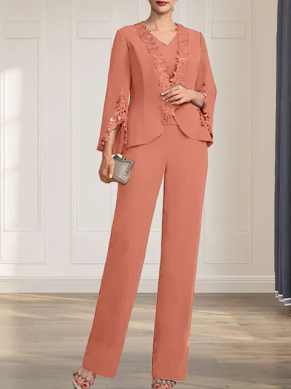 Getrennte Overall/Hosenanzug V-Ausschnitt bodenlanger Chiffon Brautmutterkleid