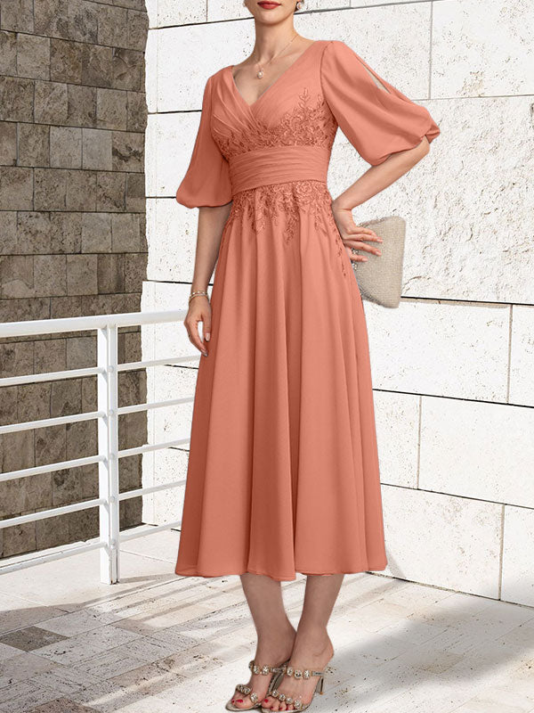 A-line V-Neck Tea-Length Lace Chiffon Mother of the Bride Dress With Pleated