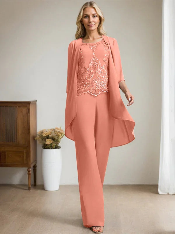 Getrennter Overall/Hosenanzug mit Rundhalsausschnitt, bodenlang, aus Chiffon und Spitze, Mutter-des-Brautkleides mit Perlen und Pailletten