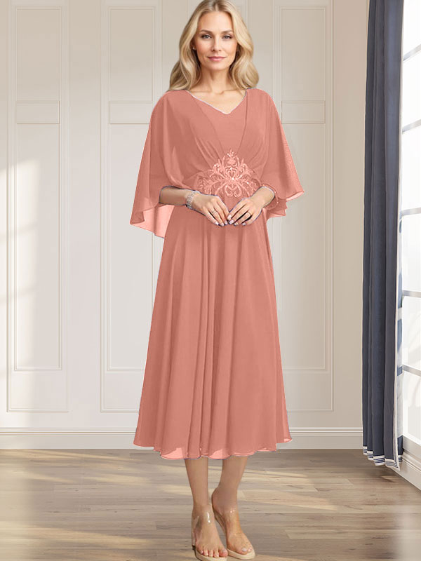 A-line V-Neck Tea-Length Chiffon Mother of the Bride Dress With Pleated Sequins Appliques Lace Beadind