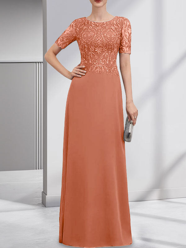 A-line Scoop Floor-Length Lace Chiffon Mother of the Bride Dress With Sequins