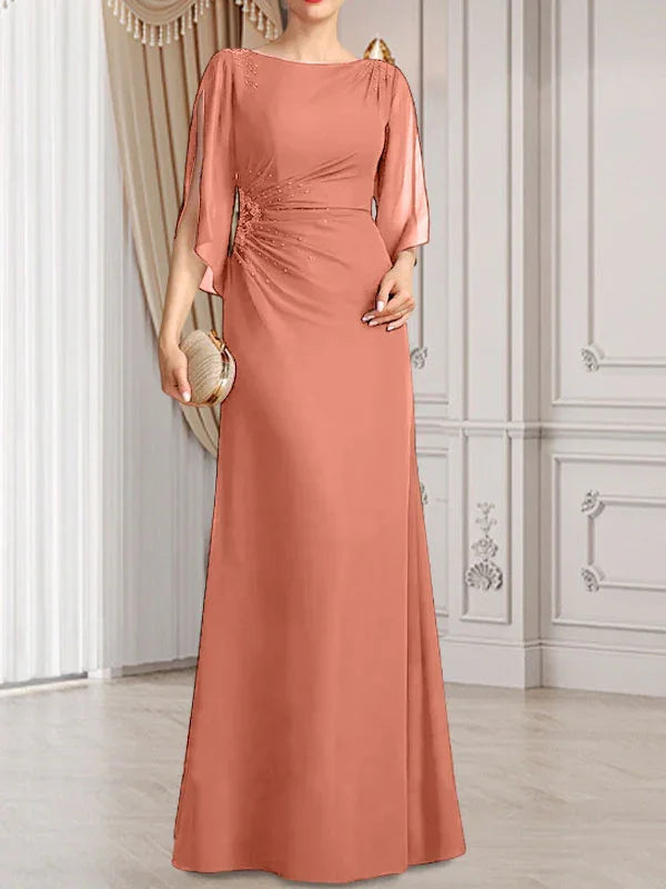 Sheath/Column Scoop Floor-Length Chiffon Mother of the Bride Dress With Pleated Beading