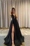 Classic Detachable A-Line V-Neck Black Tulle Prom Dress