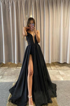 Classic Detachable A-Line V-Neck Black Tulle Prom Dress
