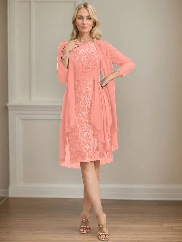 Etui/Säulenförmiges Kleid mit Illusion, knielang, aus Spitze und Chiffon, Brautmutterkleid mit herabfließenden Rüschen und Pailletten