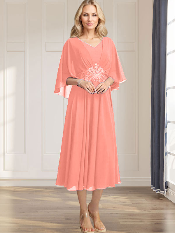 A-line V-Neck Tea-Length Chiffon Mother of the Bride Dress With Pleated Sequins Appliques Lace Beadind