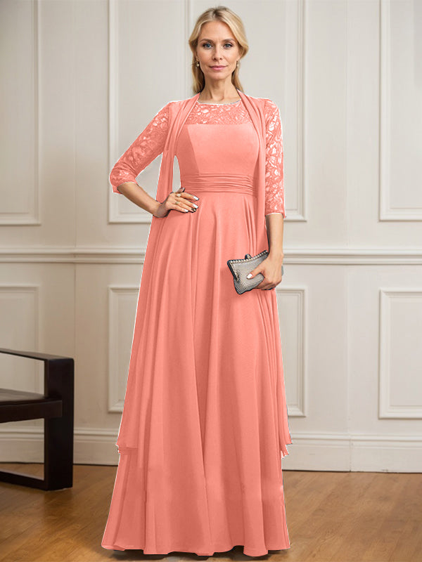 A-line Scoop Illusion Floor-Length Lace Chiffon Mother of the Bride Dress With Pleated