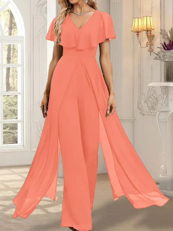 Jumpsuit/Pantsuit V-Neck Floor-Length Chiffon Evening Dress