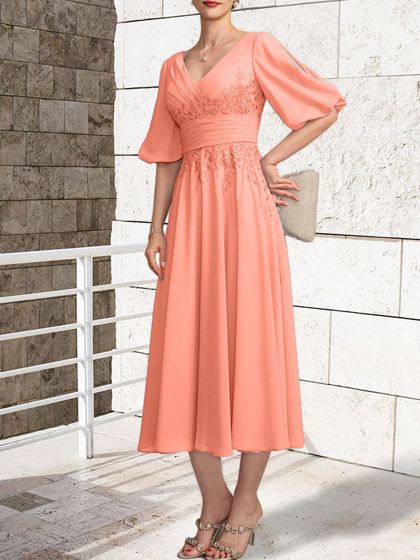 A-line V-Neck Tea-Length Lace Chiffon Mother of the Bride Dress With Pleated