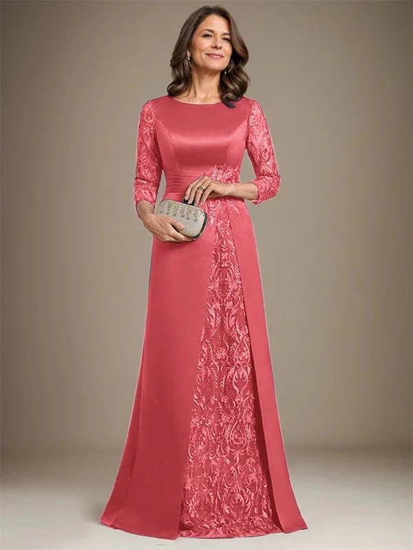 A-Line Scoop Floor-Length Lace Satin Mother Of the Bride Dress With Applique by Dreamylily