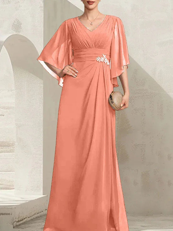 Vestido de madrina de novia de gasa largo hasta el suelo, corte columna y escote en V, con lentejuelas plisadas y abalorios
