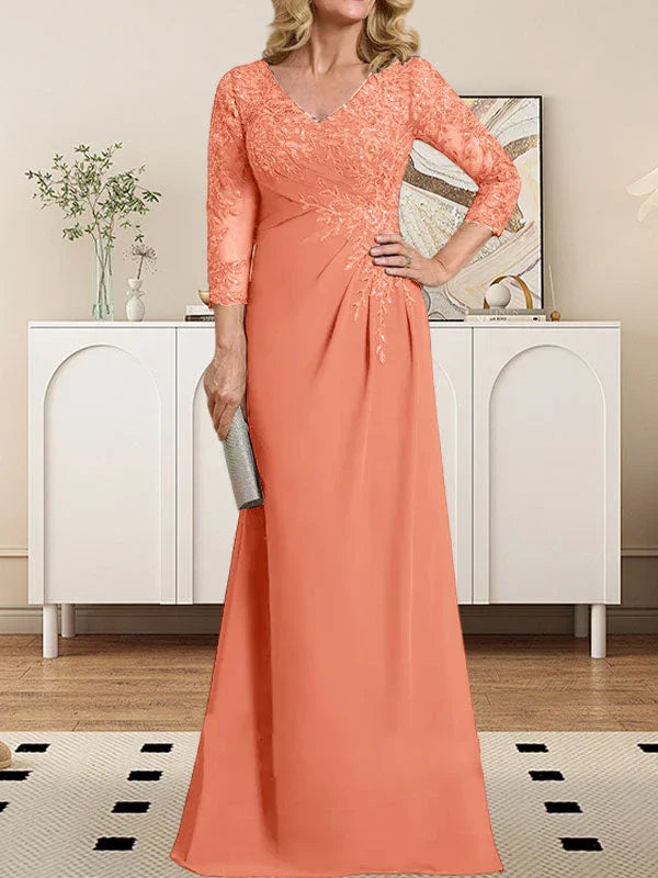 Vestido de madrina de novia con escote en V ilusión, corte columna, largo hasta el suelo, de encaje y gasa con lentejuelas plisadas