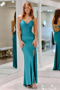Cowl Neck Satin Mermaid Blue Long Prom Dress with Slit