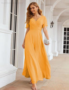 Wrap V-Neck Chiffon Bridesmaid Dresses Long Formal Maxi Evening Gown for Wedding Guests  SEA28049