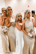 Cross Front Halter Champagne Floor Length Bridesmaid Dress BD098