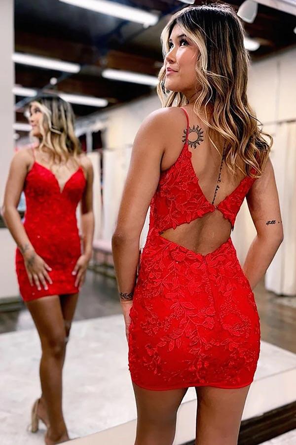 Cute Red Mermaid V-neck Spaghetti Straps Lace Homecoming Dresses