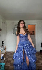 Vestido de noite formal com folhos em tule azul cintilante e lantejoulas, com racha, para baile Y7961
