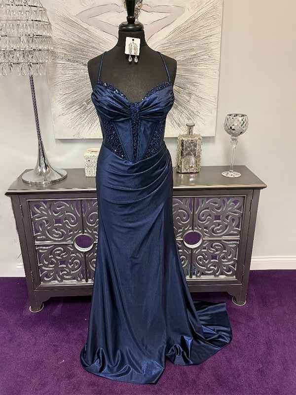 Green Mermaid Beaded Spaghetti Strap Prom Dress With High Slit