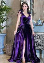 Vestido de fiesta morado de terciopelo con corte en línea A Vestido de noche morado Y5802