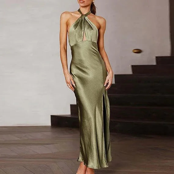 Vestido de Noite Verde Oliveira Sexy Sem Costas Vestido de Gala Verde Oliveira Y7400