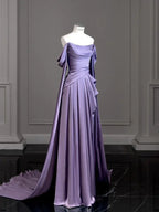 Vestido longo modesto de cetim roxo para baile Vestido de noite roxo Y2589