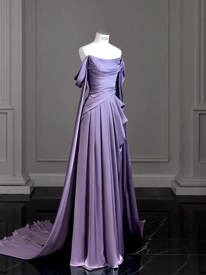 Vestido longo modesto de cetim roxo para baile Vestido de noite roxo Y2589