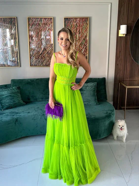 Vestido de fiesta verde con tirantes finos en línea A de tul, vestido de noche verde Y5595