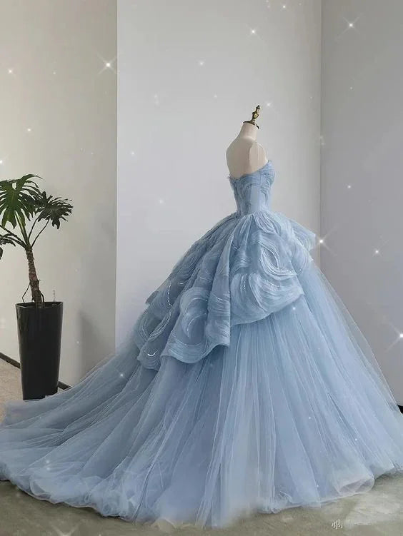Vestido Princesa de Tule Azul Encantador com Decote Coração, Vestido de Baile Azul, Vestido de Fada Azul Y6472