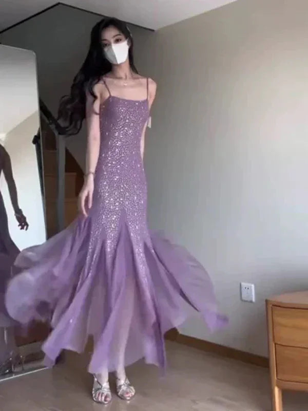 Vestido de noche para baile de graduación Y7812, morado, con tirantes finos estilo sirena, de gasa con cuentas