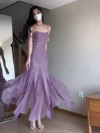 Vestido de noche para baile de graduación Y7812, morado, con tirantes finos estilo sirena, de gasa con cuentas