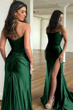 Fuchsia Strapless Corset Mermaid Long Satin Prom Dress with Slit