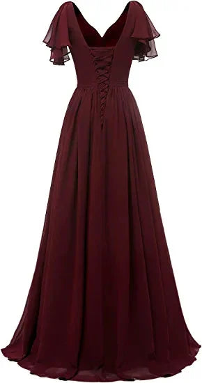 Blätterärmel Brautjungfernkleid V-Ausschnitt Chiffon Lang Festliches Hochzeitsabendkleid Y1206