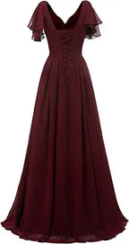Blätterärmel Brautjungfernkleid V-Ausschnitt Chiffon Lang Festliches Hochzeitsabendkleid Y1206