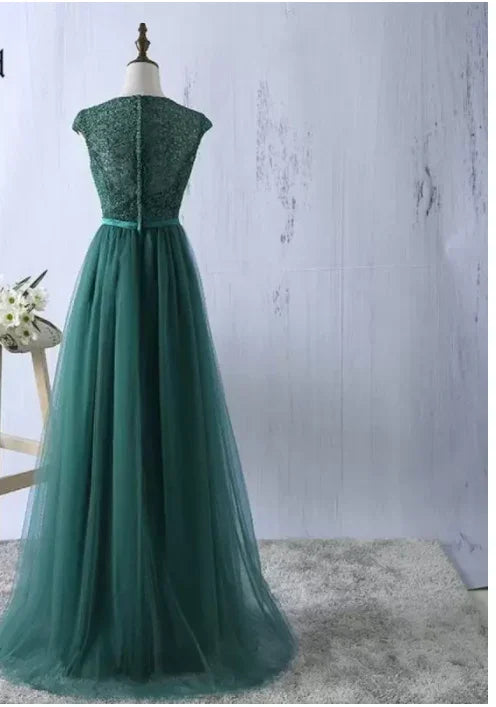 Top de encaje de tul verde con cuello redondo, vestidos largos de noche, vestido formal sencillo S6796