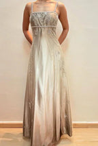 Vestido de Festa de Cetim com Alças Finas de Espaguete, Tule e Contas, Modelo Linha A, Vestido de Noite Y8139