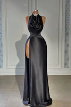 Black Long Evening Dress Satin Halter With High Slit Pleated Y6617