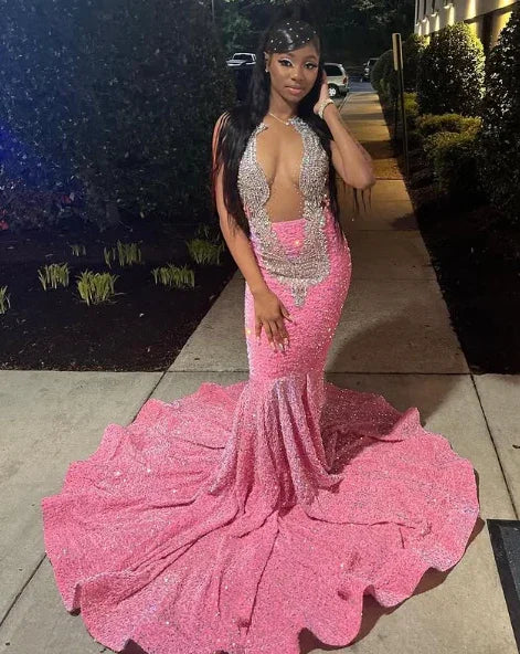 Hermoso vestido de noche rosa con lentejuelas y cuentas estilo sirena para baile de graduación Y8016