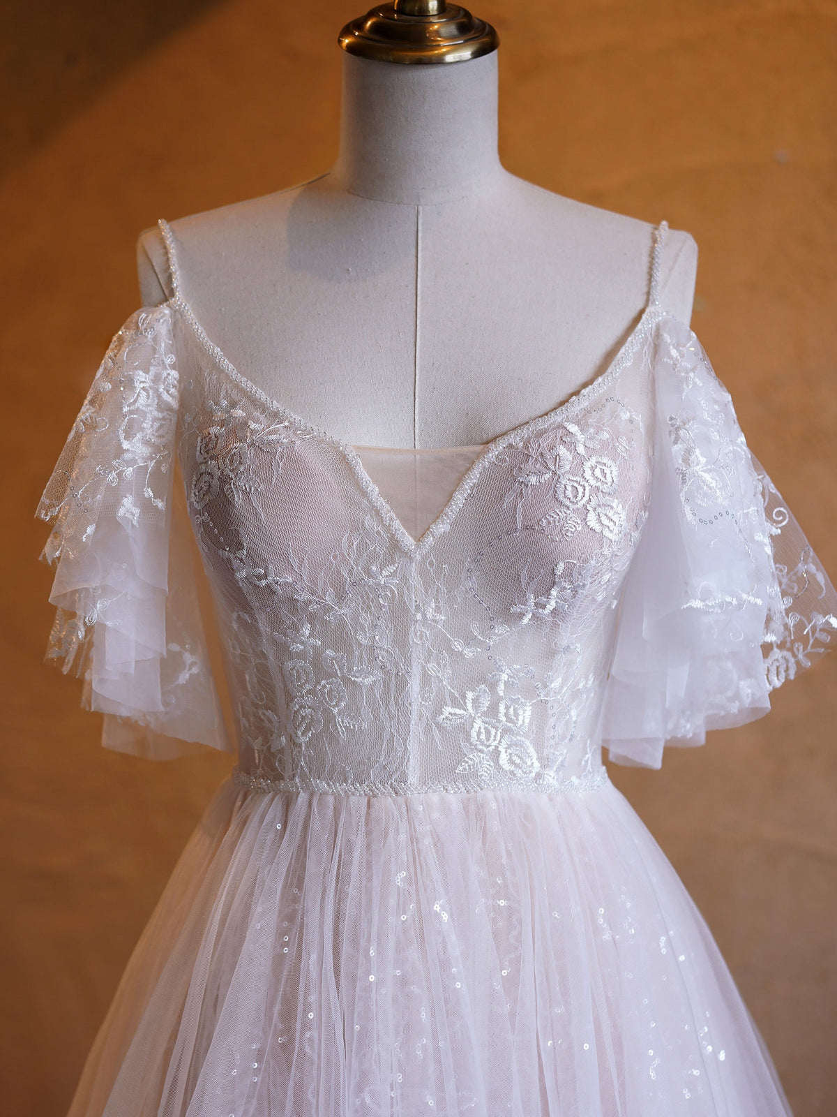 A-line V-neck Pearl Embellished Tulle Lace Floor Length Prom Dresses