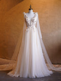 A-line Tulle Embroidery Deep-V Neck Floor-Length Prom Dresses