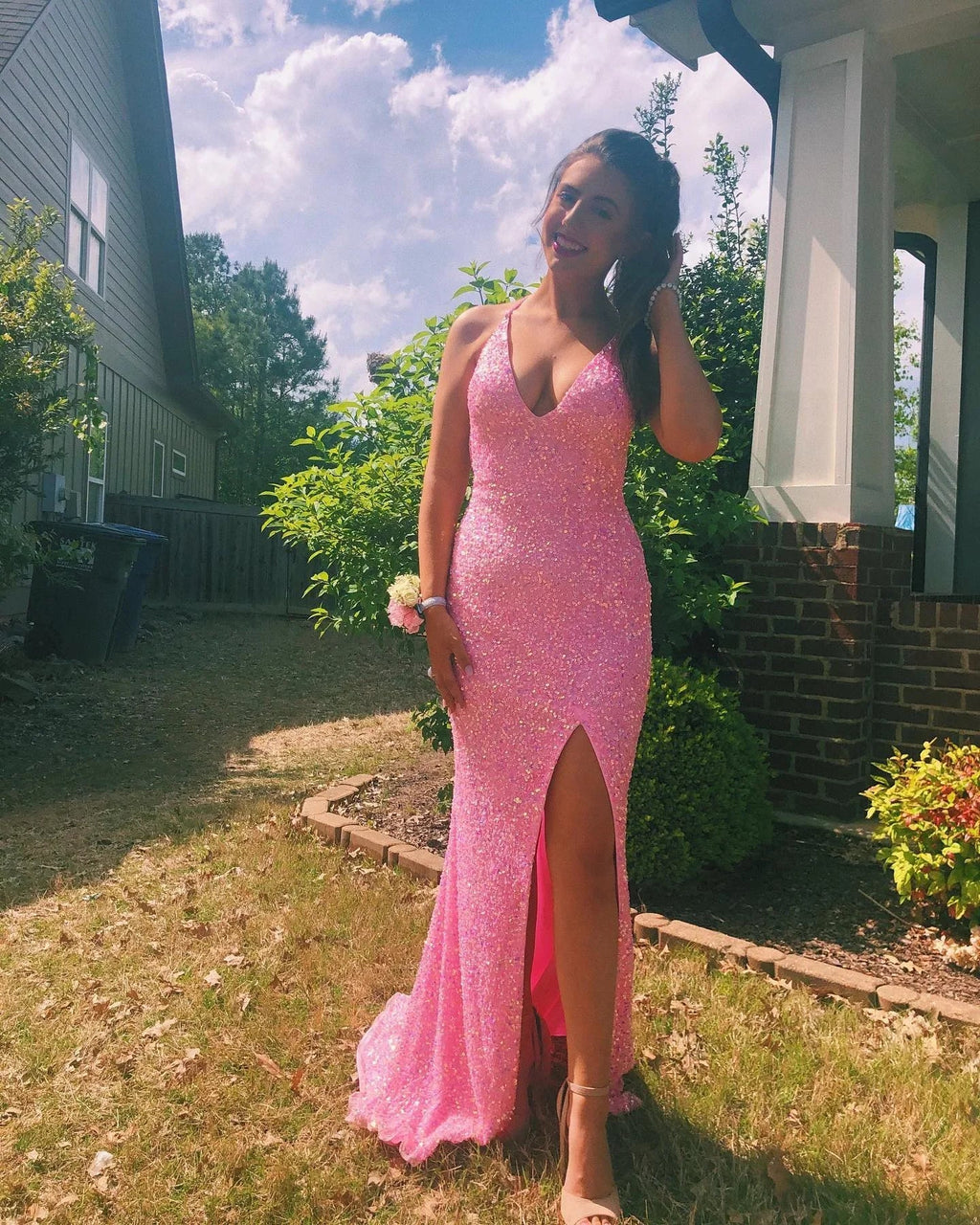 Robe de bal rose à encolure licorne avec paillettes, robe de soirée sexy avec fente latérale Y268