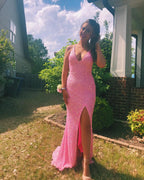 Robe de bal rose à encolure licorne avec paillettes, robe de soirée sexy avec fente latérale Y268